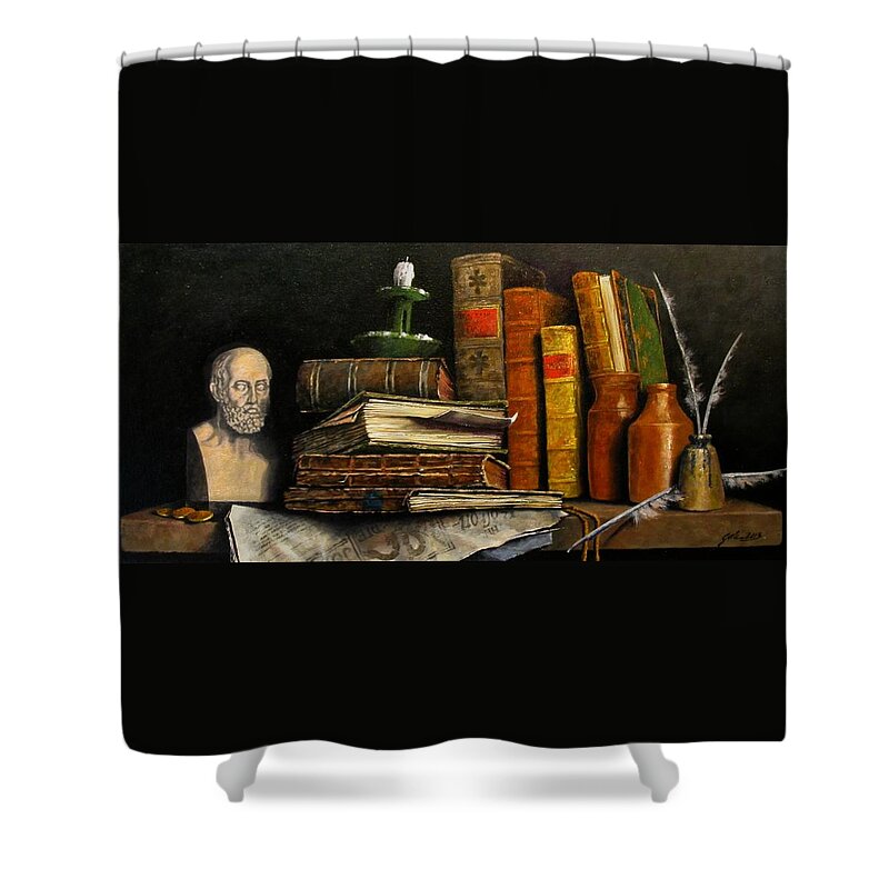 Still Life Shower Curtain featuring the painting Time and Old Friends by Jim Gola
