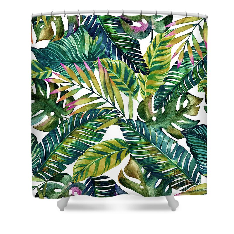 Tropical Leaves Shower Curtain featuring the painting Tropical Green Leaves Pattern by Mark Ashkenazi