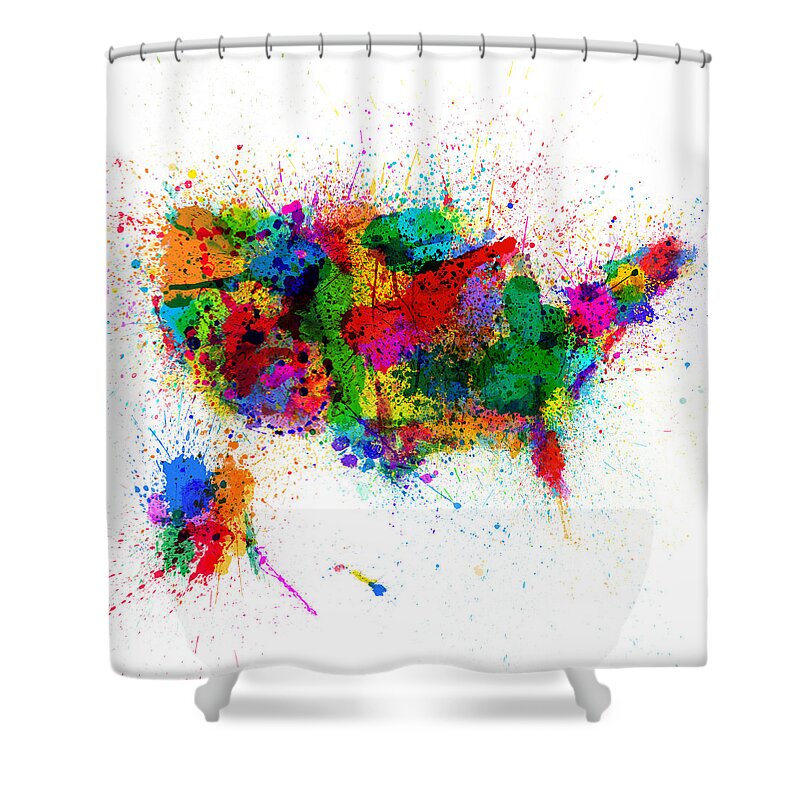 Usa Map Shower Curtain featuring the digital art United States Paint Splashes Map by Michael Tompsett