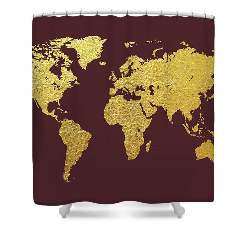 World Map Shower Curtain featuring the digital art World Map Gold Foil #2 by Michael Tompsett