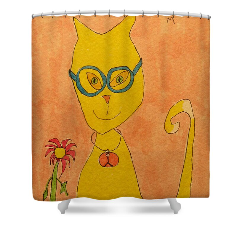 Hagood Shower Curtain featuring the painting Yellow Cat With Glasses by Lew Hagood