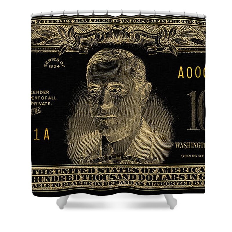 'paper Currency' Collection By Serge Averbukh Shower Curtain featuring the digital art U.S. One Hundred Thousand Dollar Bill - 1934 $100000 USD Treasury Note in Gold on Black by Serge Averbukh