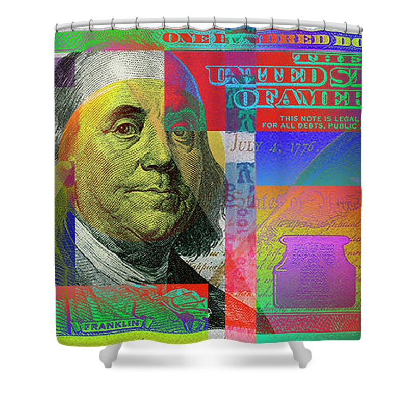 'paper Currency' Collection By Serge Averbukh Shower Curtain featuring the digital art 2009 Series Pop Art Colorized U. S. One Hundred Dollar Bill No. 1 #2009 by Serge Averbukh