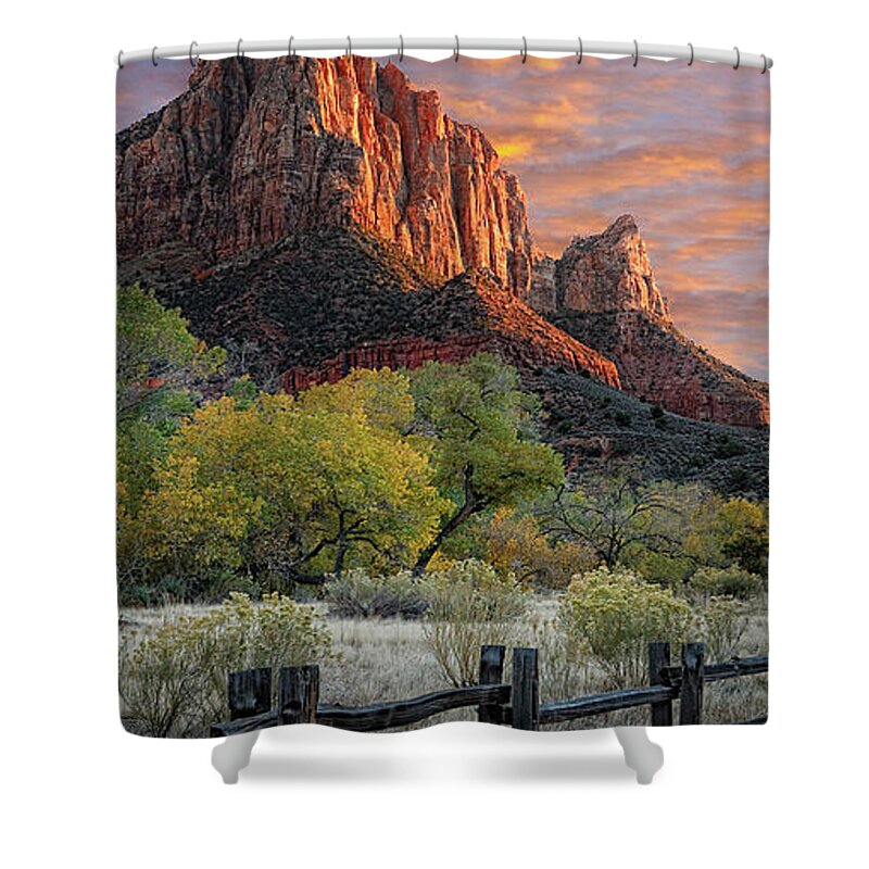 Blazing Sunset Skies Above The Watchman Formation As Seen From The Pa Rus Trail In Zion National Park Shower Curtain featuring the photograph Zion National Park #23 by Douglas Pulsipher