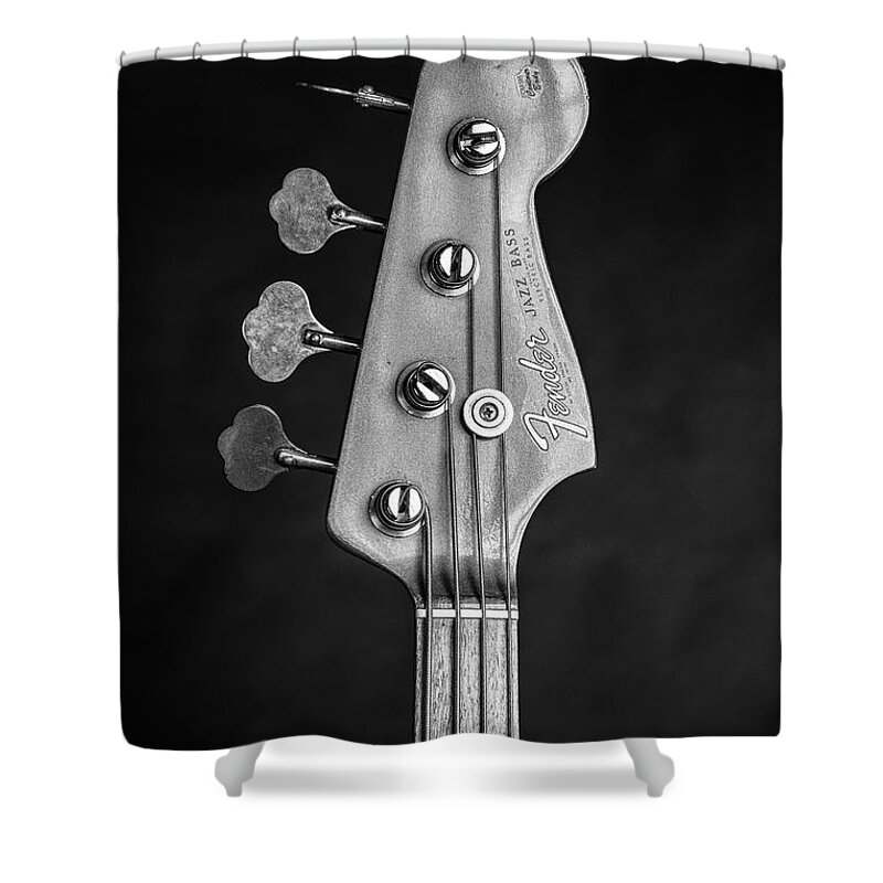 Fender Jazz Bass Shower Curtain featuring the photograph 281.1834 Fender 1965 Jazz Bass Black and White #2811834 by M K Miller