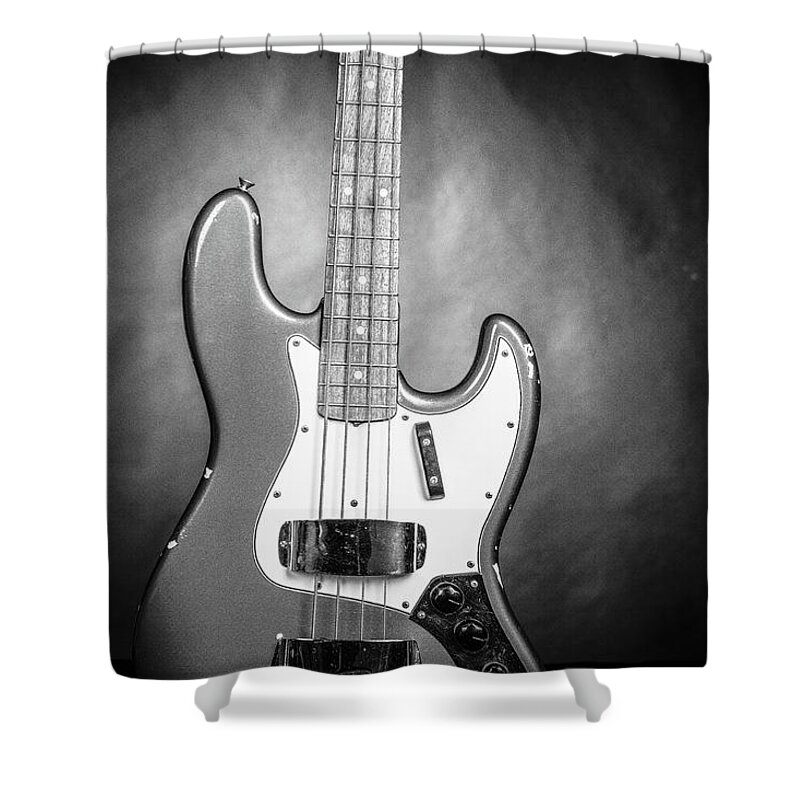Fender Jazz Bass Shower Curtain featuring the photograph 289.1834 Fender 1965 Jazz Bass Black and White #2891834 by M K Miller