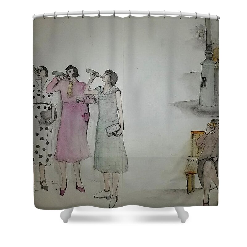 Prohibition . Drinking. Mobsters. Lucky Luciano Shower Curtain featuring the painting Italians Ellis island prohibition album #29 by Debbi Saccomanno Chan