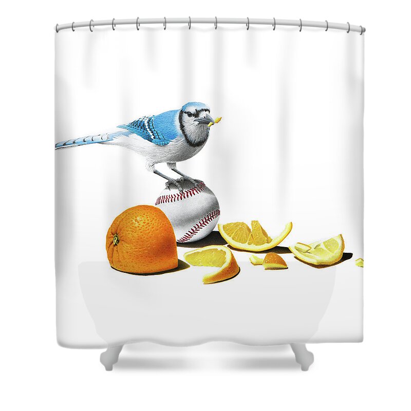Blue Shower Curtain featuring the drawing 2nd Inning - Done Eatin' by Stirring Images