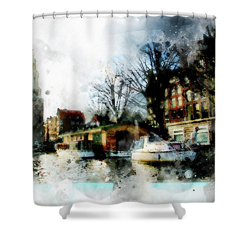 Dutch Shower Curtain featuring the digital art City Life In Watercolor Style  #2 by Ariadna De Raadt