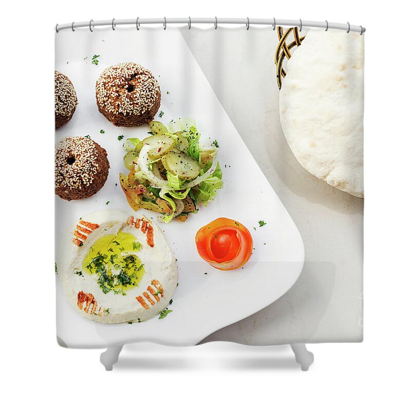 Appetizer Shower Curtain featuring the photograph Falafel Hummus Houmus Starter Snack Food Mezze Platter #3 by JM Travel Photography