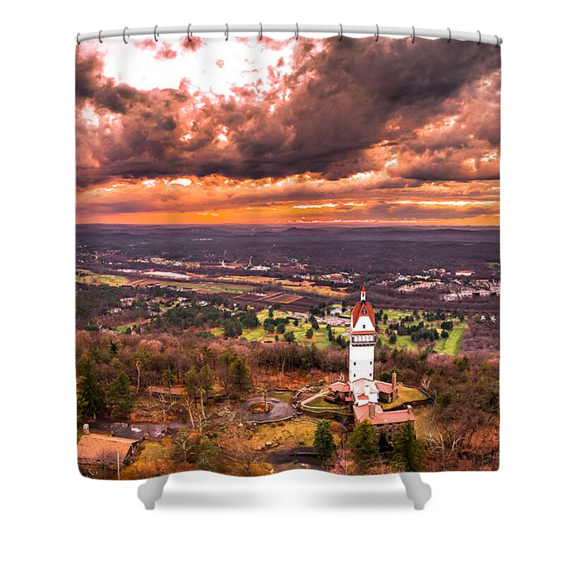 Heublein Shower Curtain featuring the photograph Heublein Tower, Simsbury Connecticut, Cloudy Sunset #3 by Mike Gearin