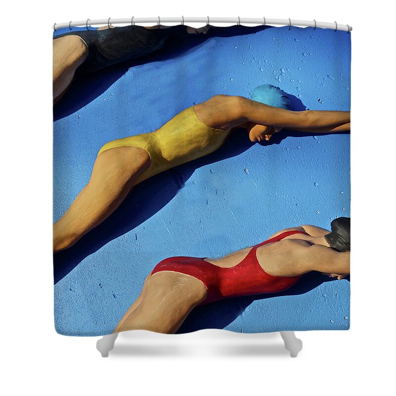 Three Ladies In Bathing Suits Diving Shower Curtain featuring the photograph 3 Lady Swimmers by Joan Reese