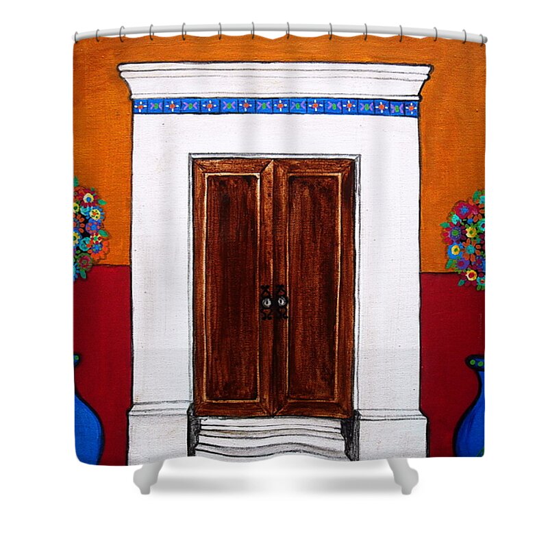 Mexican Door Paintings Mexico Tiles Flowers Florals Blooms Prisarts Pristine Cartera Turkus Shower Curtain featuring the painting Mexican Door Painting #3 by Pristine Cartera Turkus
