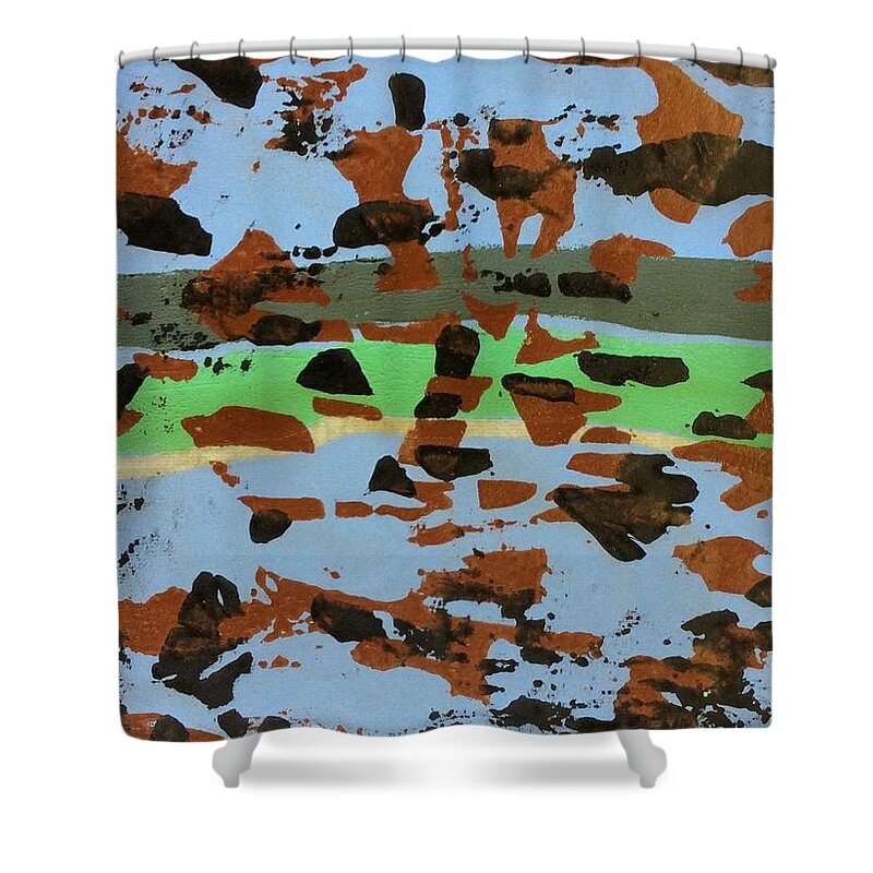 Woodblock Woodcut River Shower Curtain featuring the painting 3 Of 1 by Erika Jean Chamberlin