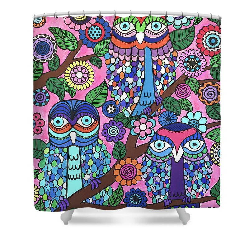 Owls Shower Curtain featuring the painting 3 Owls by Beth Ann Scott