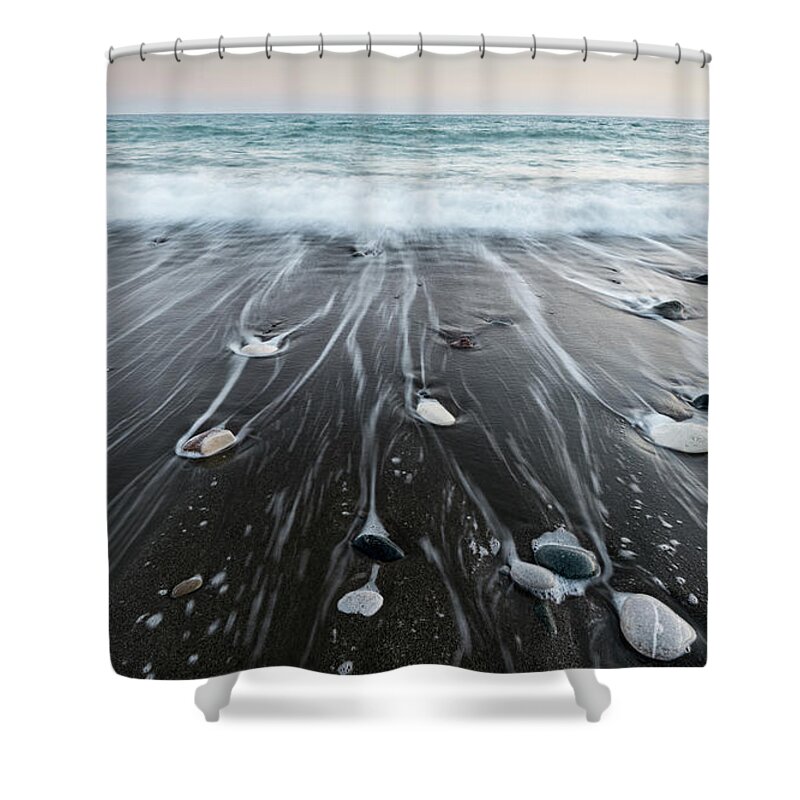 Seascape Shower Curtain featuring the photograph Pebbles in the beach and flowing sea water by Michalakis Ppalis
