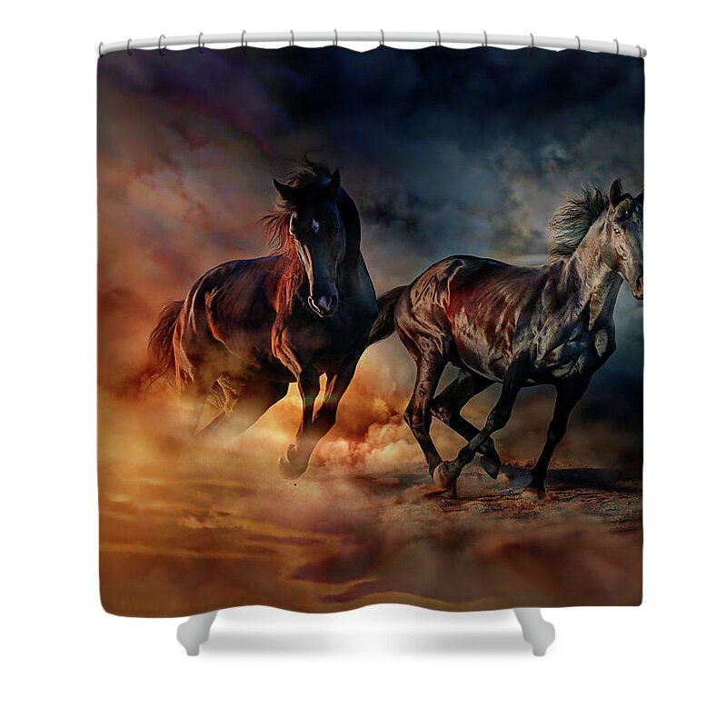Horses Shower Curtain featuring the painting Two horses by Lilia D