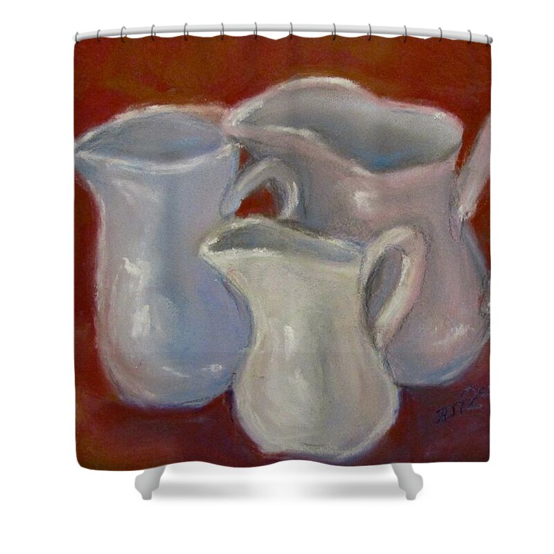 Pitchers Shower Curtain featuring the pastel 3 White Cream Pitchers by Barbara O'Toole