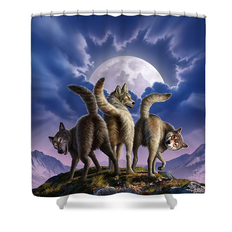 Wolf Shower Curtain featuring the digital art 3 Wolves Mooning by Jerry LoFaro