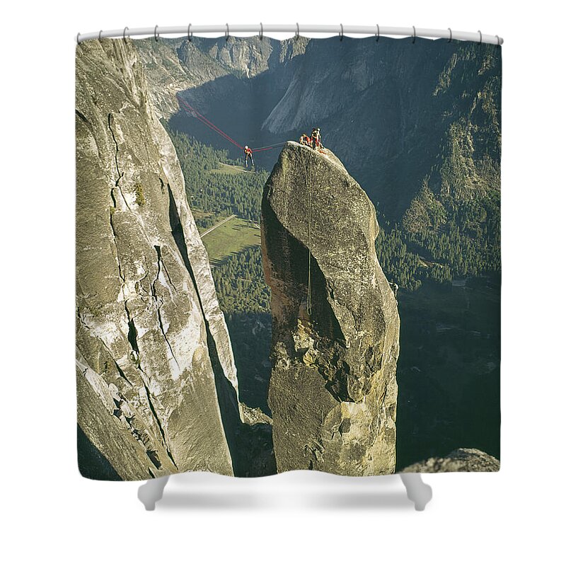 Lost Arrow Shower Curtain featuring the photograph 306540 Climbers on Lost Arrow 1967 by Ed Cooper Photography