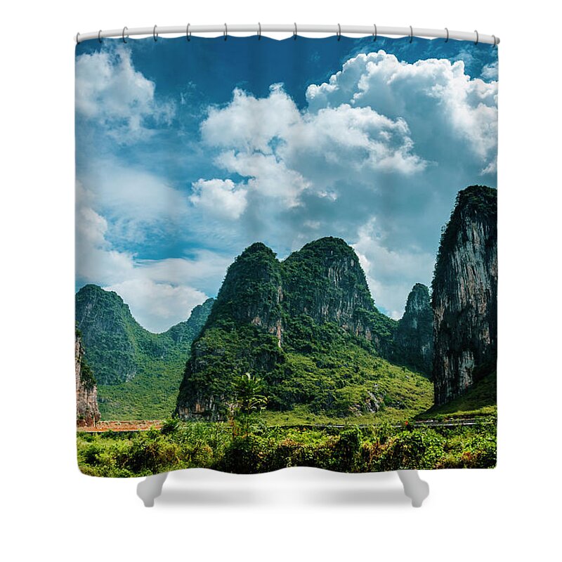Karst Shower Curtain featuring the photograph Karst mountains and rural scenery #32 by Carl Ning