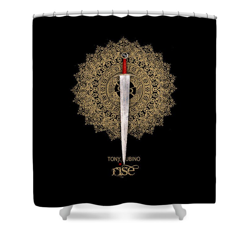 Art Shower Curtain featuring the mixed media Rise Rubino Sword by Tony Rubino