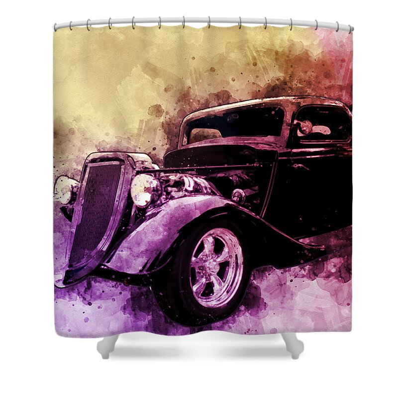 34 Shower Curtain featuring the photograph 34 Ford Three Window Coupe Pen and Ink Watercolour by Chas Sinklier