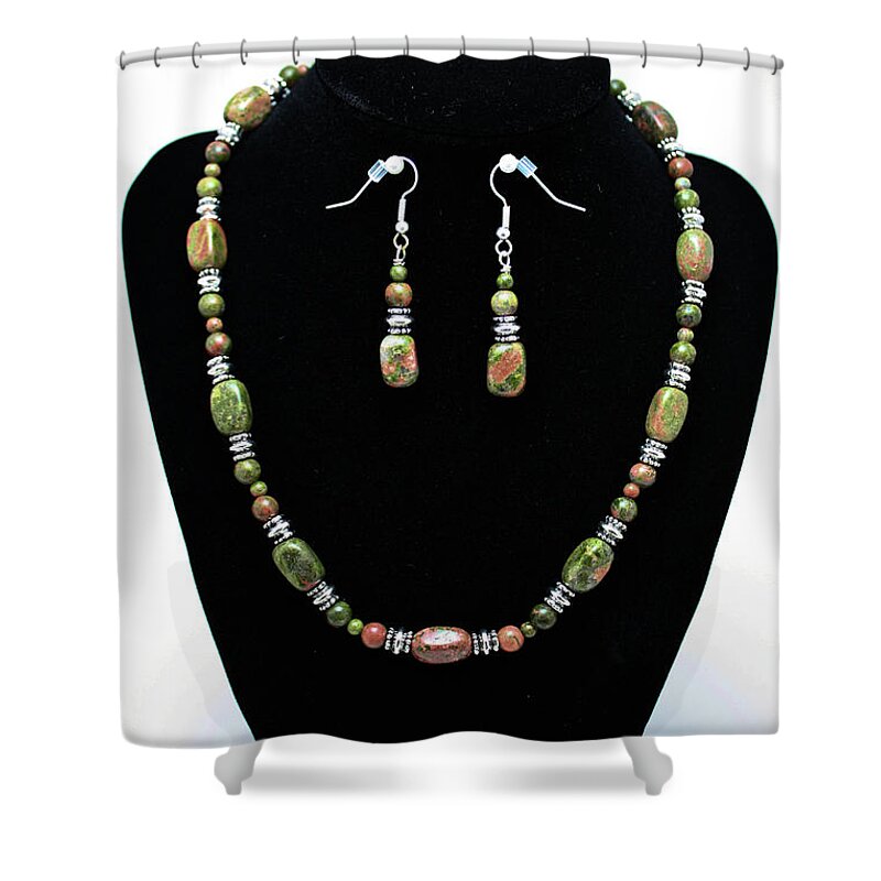 Handmade Shower Curtain featuring the jewelry 3565 Unakite Necklace and Earrings Set by Teresa Mucha
