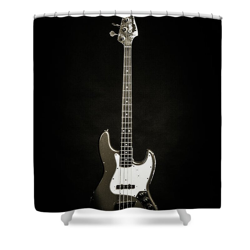 Fender Jazz Bass Shower Curtain featuring the photograph 362.1834 Fender Red Jazz Bass Guitar in BW #3621834 by M K Miller