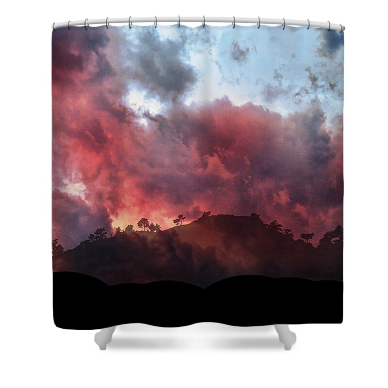 Clouds Smoke Fire Sky Landscape Trees Forest Woods Shower Curtain featuring the photograph 3994 by Peter Holme III