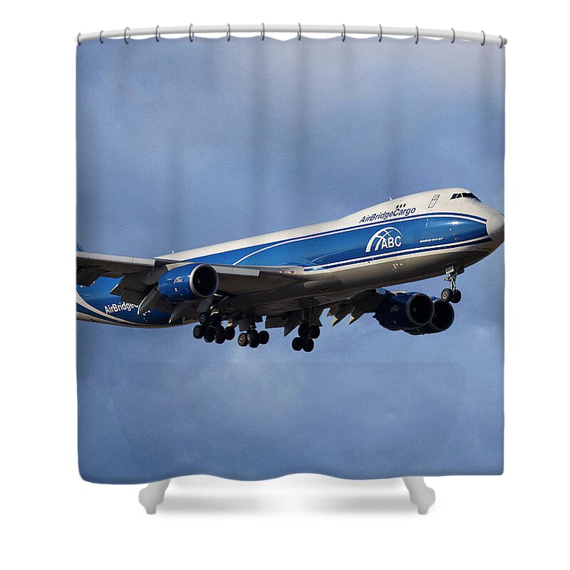 Air Bridge Shower Curtain featuring the photograph Air Bridge Cargo Airlines Boeing 747-8HV #4 by Smart Aviation