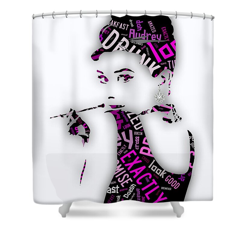 Audrey Hepburn Shower Curtain featuring the mixed media Audrey Hepburn Breakfast At Tiffany's Quotes #6 by Marvin Blaine