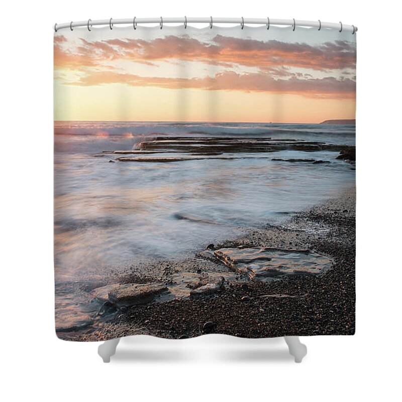 Seascape Shower Curtain featuring the photograph Beautiful dramatic Sunset over a rocky coast by Michalakis Ppalis
