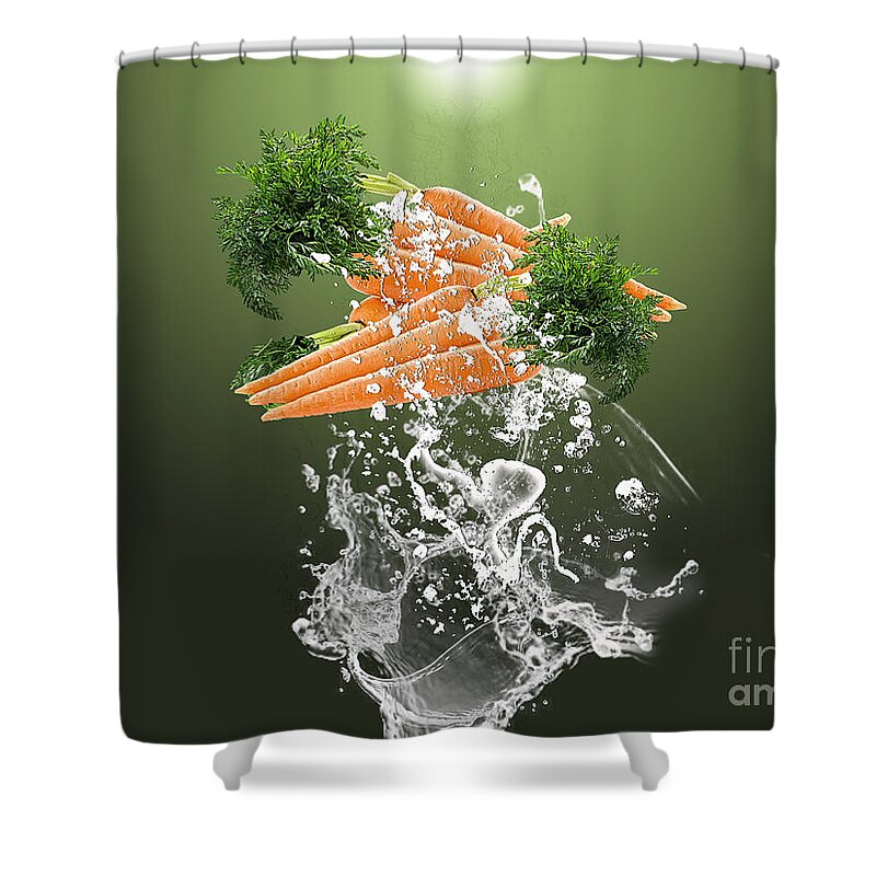 Carrot Art Shower Curtain featuring the mixed media Carrot Splash #4 by Marvin Blaine