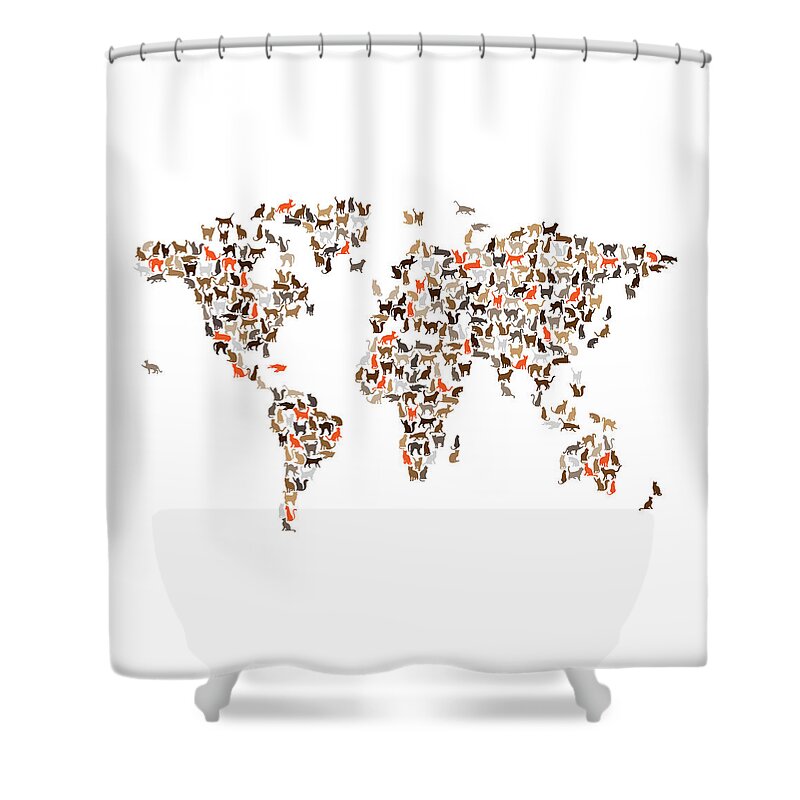 World Map Shower Curtain featuring the digital art Cats Map of the World Map by Michael Tompsett