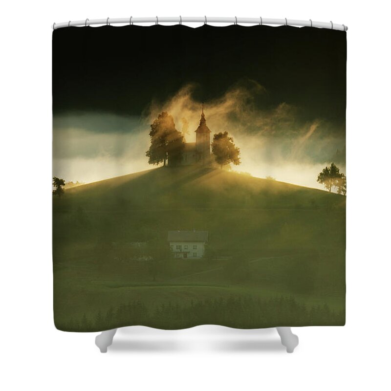 Sveti Shower Curtain featuring the photograph Church of Saint Thomas at sunrise by Ian Middleton