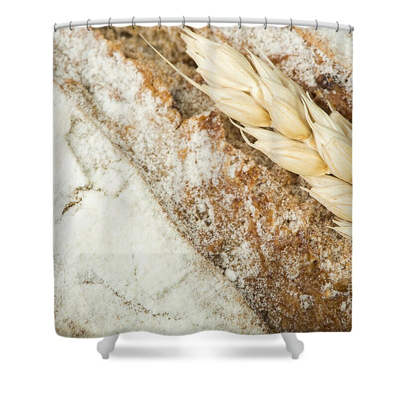 Agriculture Shower Curtain featuring the photograph Close up Bread and wheat cereal crops #4 by Deyan Georgiev
