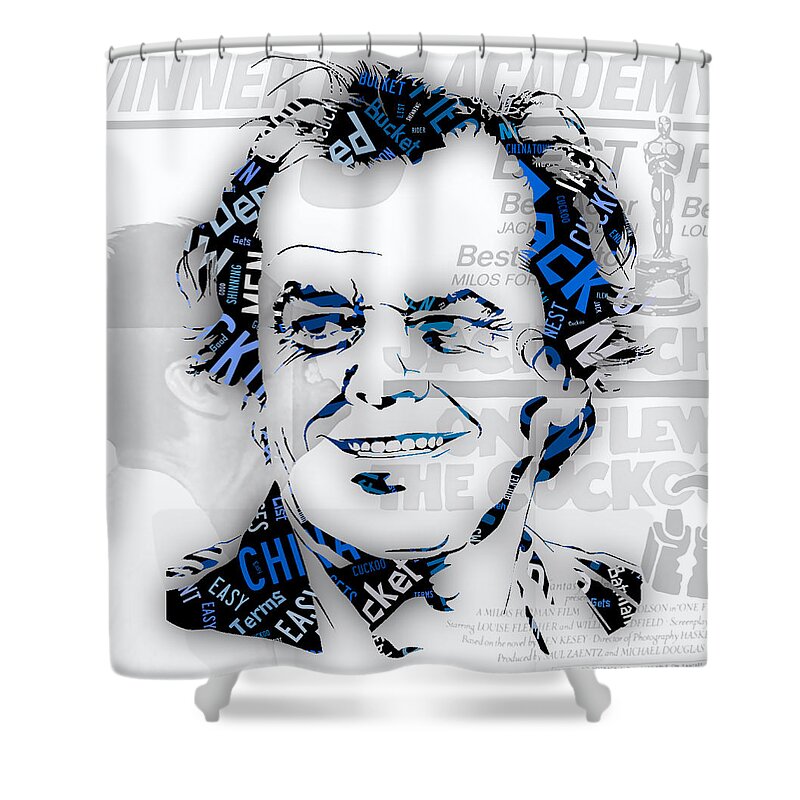 Jack Nicholson Shower Curtain featuring the mixed media Jack Nicholson Movie Titles #4 by Marvin Blaine
