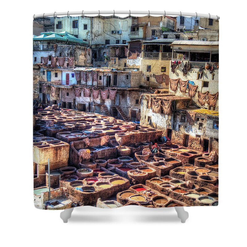 Fes Shower Curtain featuring the photograph Leather tanneries of Fes - 1 by Claudio Maioli