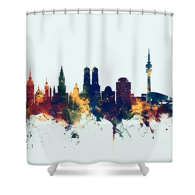 City Skyline Shower Curtain featuring the digital art Munich Germany Skyline by Michael Tompsett