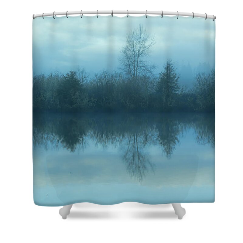 Reflections Lake Shower Curtain featuring the photograph Reflections blue lake by Cathy Anderson