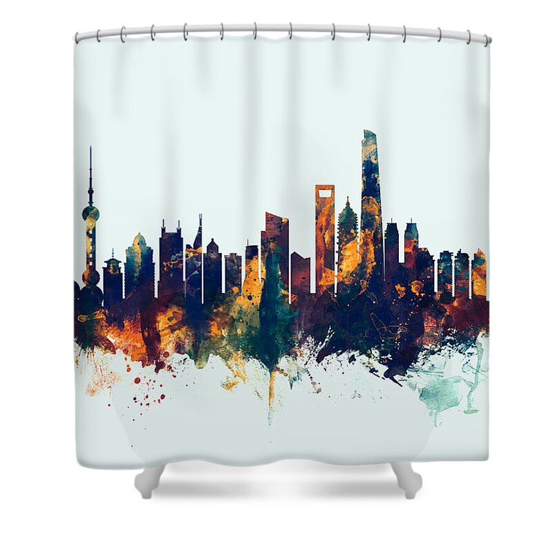 Shanghai Shower Curtain featuring the digital art Shanghai China Skyline by Michael Tompsett