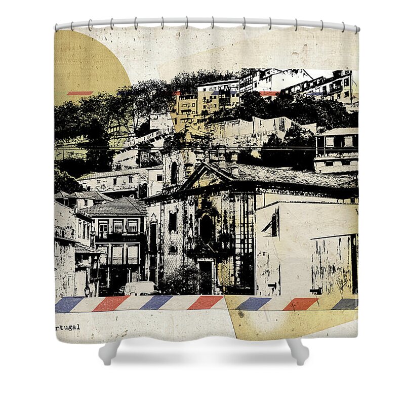 Porto Shower Curtain featuring the digital art stylish retro postcard of Porto #3 by Ariadna De Raadt