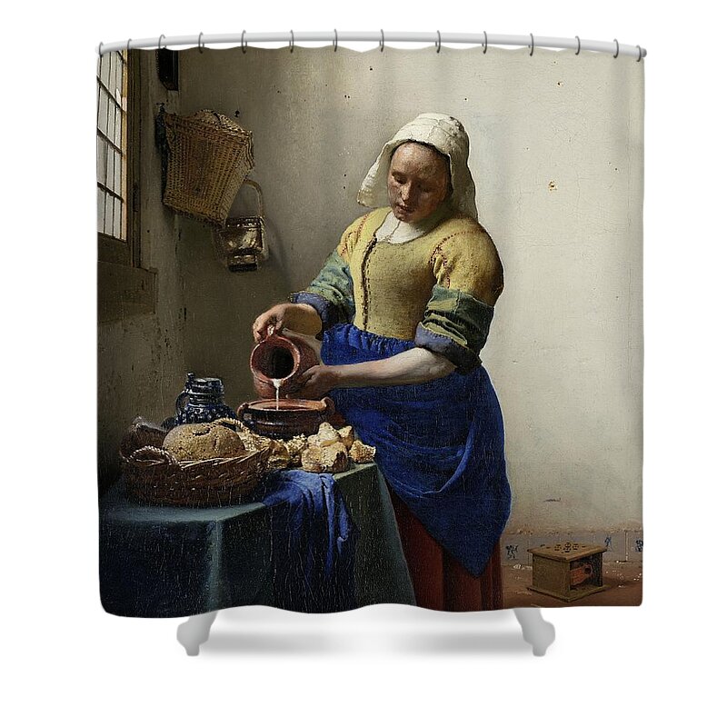 Vermeer Shower Curtain featuring the painting The Milkmaid, 1660 by Vincent Monozlay