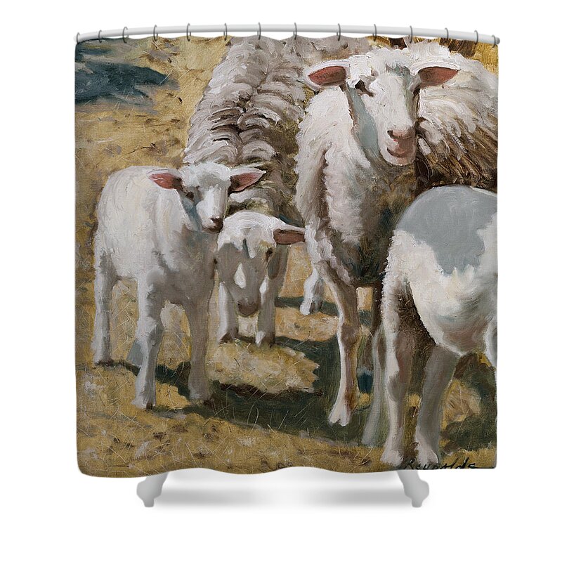 Sheep Shower Curtain featuring the painting The Whole Family Is Here #4 by John Reynolds