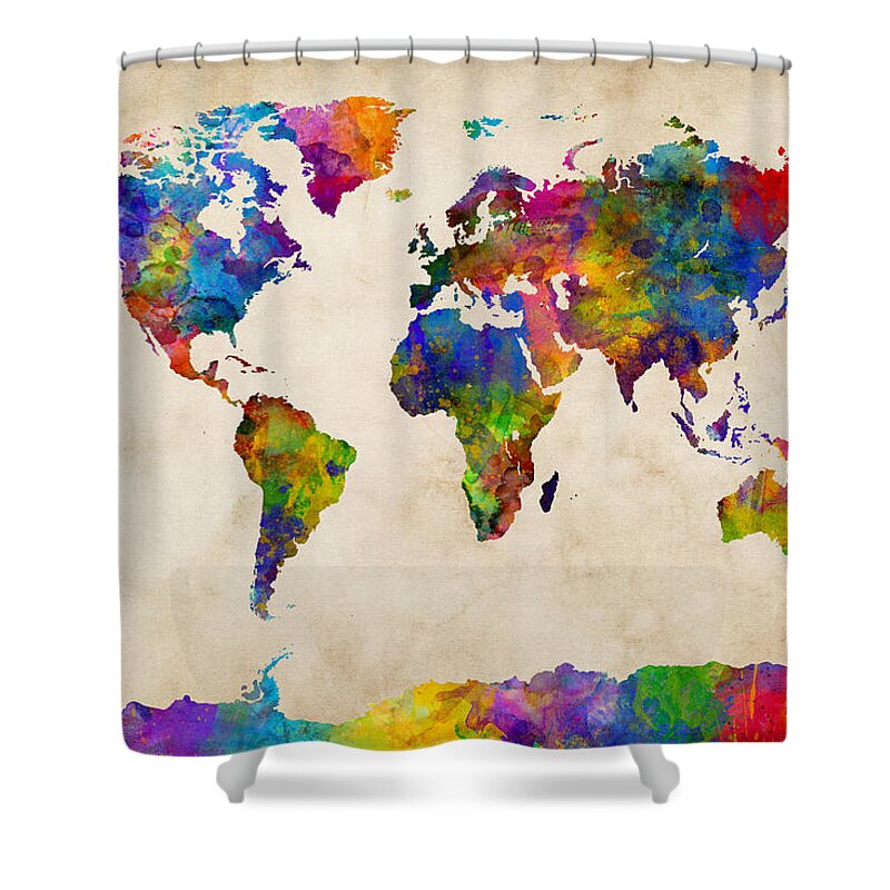 World Map Shower Curtain featuring the digital art Watercolor Map of the World Map #4 by Michael Tompsett