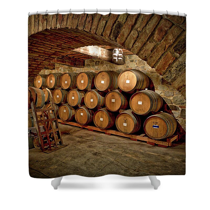 Castello Di Amorosa Shower Curtain featuring the photograph Wine Barrels #4 by Mountain Dreams