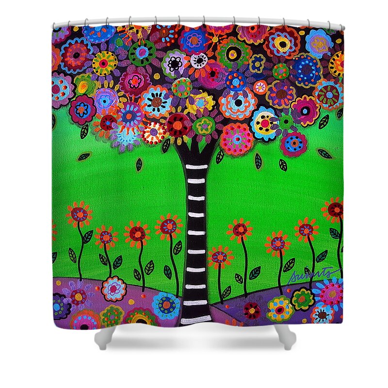 Tree Of Hope Life Pristine Flowers Trees Blooms Prisarts Mexican Original Painting Happy Fall Autumn Summer Birthday Gift Bar Bat Mitzvah Congratulations Baby Room Nursery Home Design Cartera Turkus Shower Curtain featuring the painting Tree Of Life #41 by Pristine Cartera Turkus