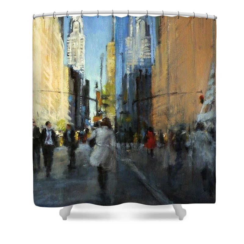 Urban Shower Curtain featuring the painting 42nd Street Reflections by Peter Salwen