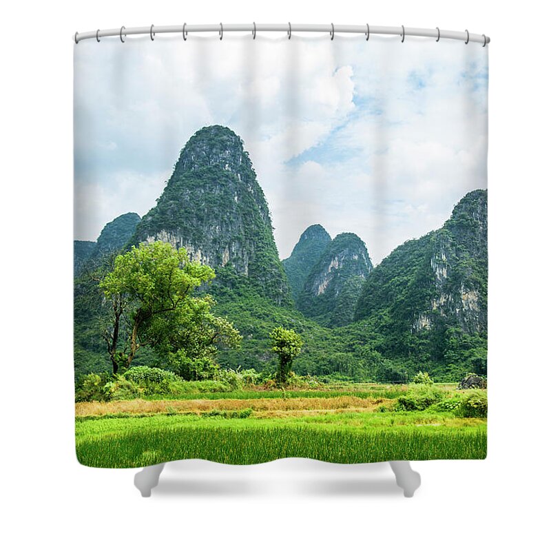 Karst Shower Curtain featuring the photograph Karst mountains and rural scenery #44 by Carl Ning